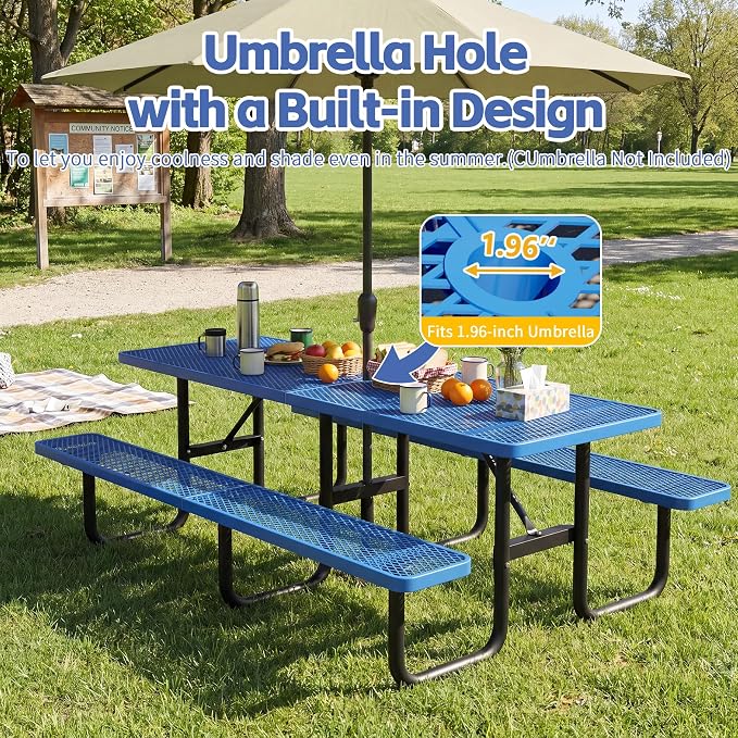 96" Rectangular Metal Picnic Table, Commercial Steel Picnic Tables with 1.96" Umbrella Hole, Heavy Duty Picnic Tables for Outdoor Garden Courtyard BBQ, Blue