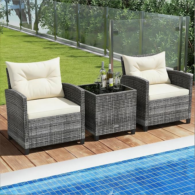 ORALNER 3 Pieces Patio Furniture, Outdoor Wicker Conversation Set Chairs with Soft Cushions and Glass Coffee Table, Mix Gray Rattan Bistro Set for Balcony Garden Deck Front Porch Poolside (White)