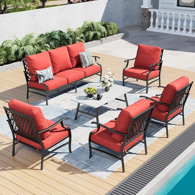 SUNSHINE VALLEY 6 Piece Metal Outdoor Patio Furniture Set, Patio Conversation Sets 1 3-Seater Sofa, 4 Fixed Chairs with 5.75" Thick Cushion and Coffee Table, Backyard Furniture Set for Deck, Red