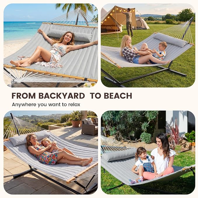 ANAGOO Double Hammock with Stand, Heavy Duty Outdoor Hammock for Two, 500 LBS Capacity, Stable Steel Frame with Balance Strap, Easy Tool-Free Assembly for Patio, Garden, Backyard & Beach,Dark Grey