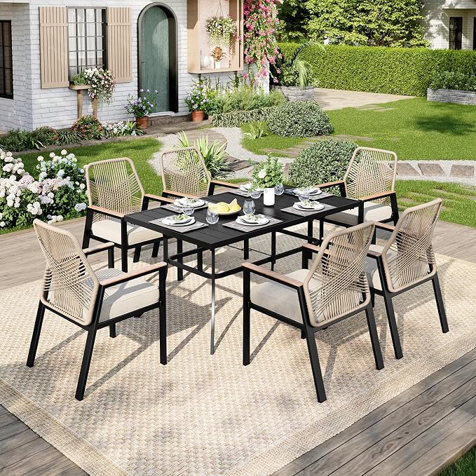 MIXPATIO Outdoor Patio Dining Table for 6, 60" x 35" Rectangular Metal Patio Dining Table with Umbrella Hole for Garden, All Weather Wrought Iron Black Outdoor Table for Backyard and Porch
