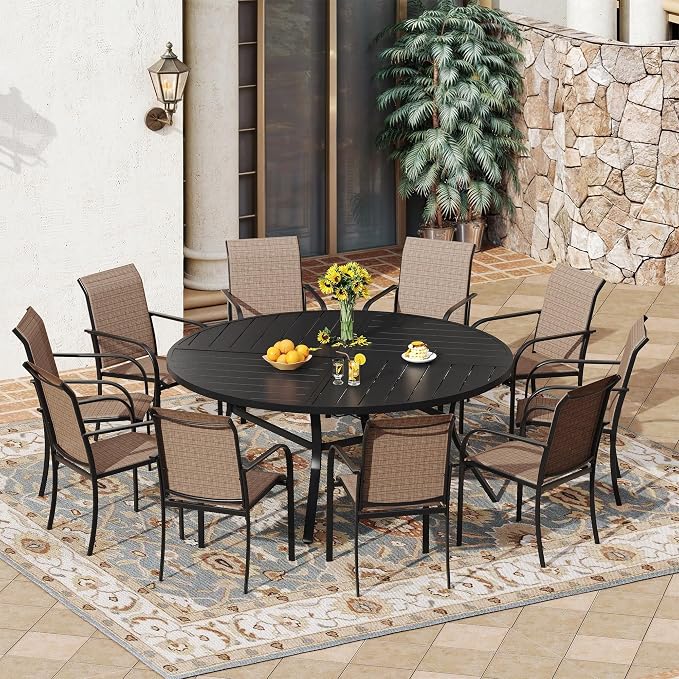 VICLLAX 11 Pieces Patio Outdoor Dining Set, 60" Large Round Metal Table with Umbrella Hole and 10 Stackable Textilene Chairs for Patio, Lawn, Garden, Porch, Black/Brown