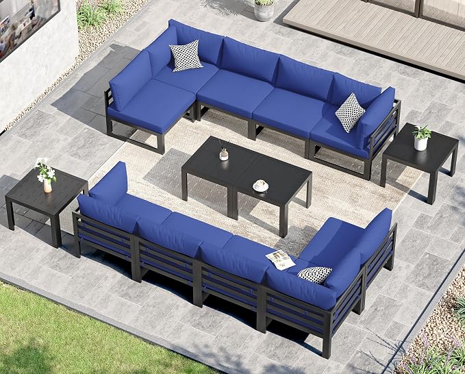 NICESOUL Extra Large Aluminum Patio Furniture Set with End Table, All-Weather 29" Wide Deep Seats Outdoor Sofa Conversation Set, Contemporary Sectional Couch for 10 Seats, for Garden, Navy Blue