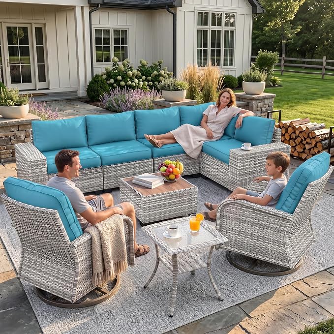 9-Piece Outdoor Patio Furniture Set with Rocking Swivel Chair Wicker Sectional Sofa Set, Patio Conversation Set with Thickened Cushions & Coffee Table for Garden, Backyard, Turquoise