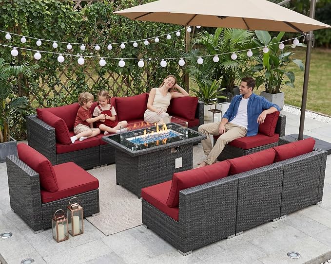 BULEXYARD 9 Piece High Back Outdoor Sectional Seating with Fire Pit Table, Heavy Duty Sturdy Wicker Patio Set Conversation Couch Sofa, Extra Wide Deep Large 8-Person Deck Furniture Set, Grey & Red