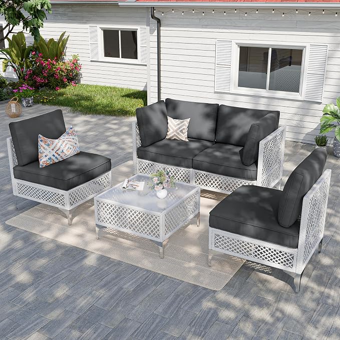 Vikiullf Patio Conversation Set, 5 Piece Outdoor Sectional Sofa Set with Coffee Table, White Wicker with Grey Cushions (White and Grey, 5 piece)