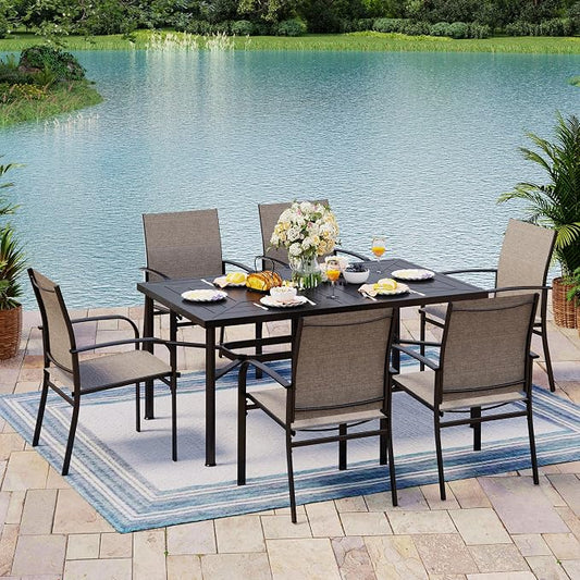 MIXPATIO 7 Pieces Patio Table and Chairs Set, Patio Dining Set for 6, 6 Textilene Chairs and 1 Metal Rectangle Dining Table with Umbrella Hole, for Deck Backyard Lawn Poolside, Brown