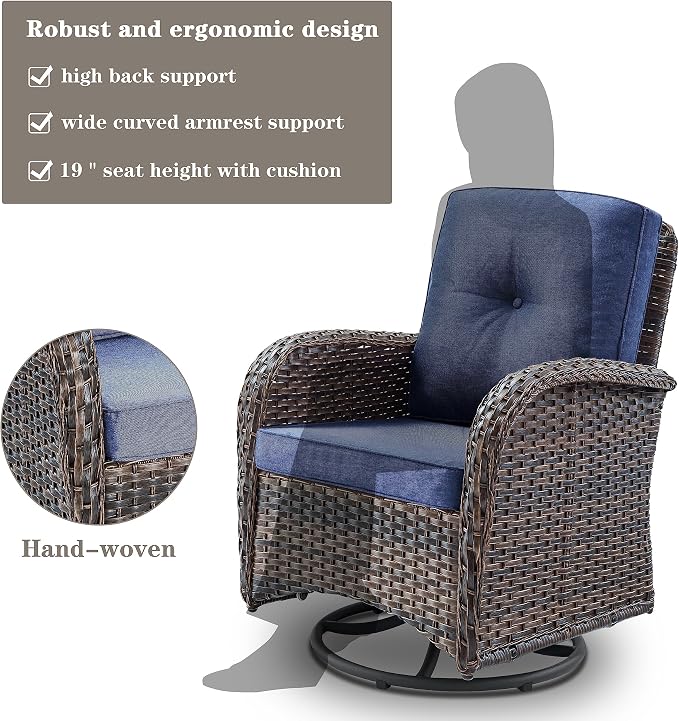 Belord Patio Wicker Chairs Swivel Rocker - Outdoor Swivel Rocking Chairs Set of 2 with Rattan Side Table, Patio Swivel Glider Chair 3 Piece Patio Furniture Sets for Deck Porch Pool Brown/Blue