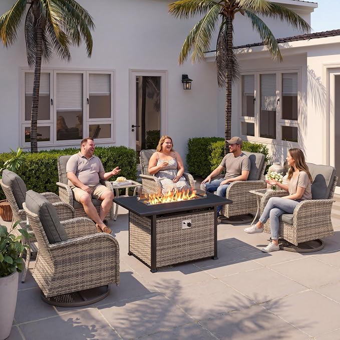 10Pcs Patio Rocking Swivel Chair with 55,000 BTU Fire Pit Table Outdoor Wicker Rattan Bistro Set with Tempered Glass Side Table, Outdoor Patio Furniture Set for Garden and Balcony, Grey