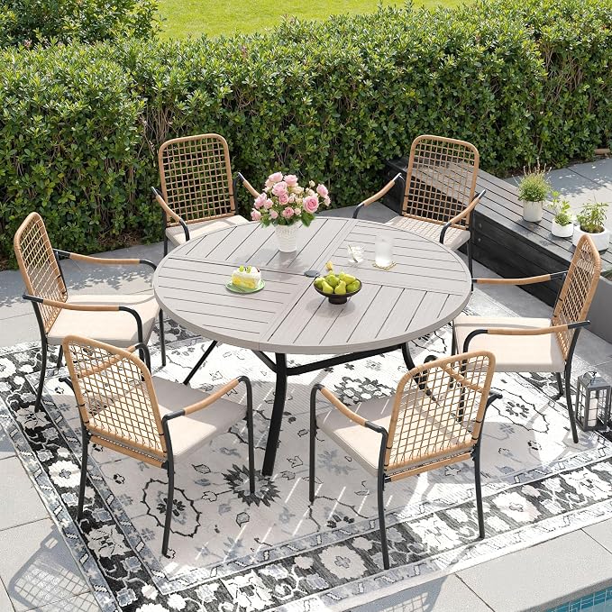 DIFY 7 Pieces Outdoor Dining Set, Metal Patio Table and Chairs Set for 6, 50" Round Dining Table with Umbrella Hole & Wicker Stackable Patio Chairs with Cushions, Grey Wood-Like Tabletop