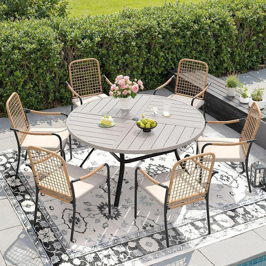 DIFY 7 Pieces Outdoor Dining Set, Metal Patio Table and Chairs Set for 6, 50" Round Dining Table with Umbrella Hole & Wicker Stackable Patio Chairs with Cushions, Grey Wood-Like Tabletop
