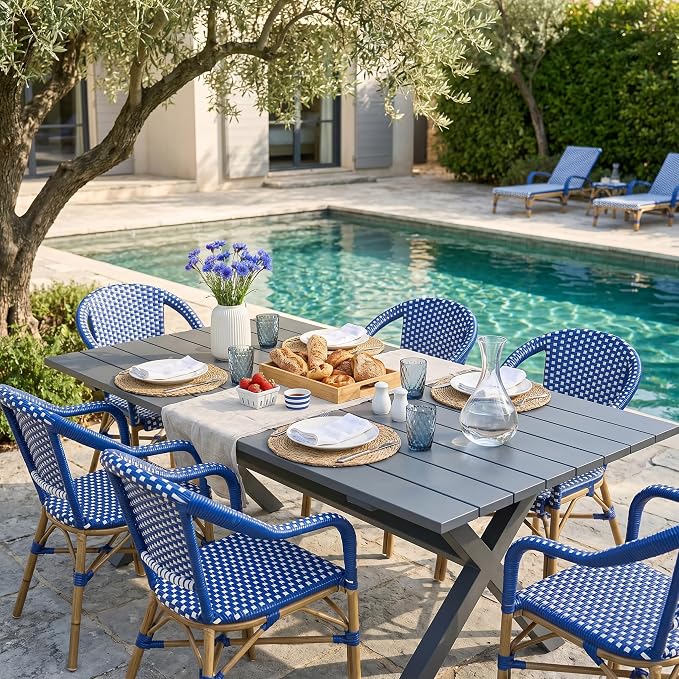 PURPLE LEAF 7 Pieces Patio Dining Set Outdoor Furniture Set with Aluminum Rectangular Table and French Bistro Arm Chairs for Garden Dinner Kitchen Set Gray Bamboo Finish Deep Blue
