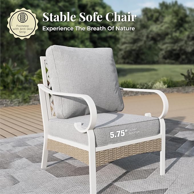 6 Piece Metal Patio Furniture Set, 7-Seat All Weather Outdoor Conversation Set with 3-Seat Sofa & 4 Fixed Chairs & Coffee Table, Outdoor Sofa Set for Backyard, Deck, Garden, White/Light Grey