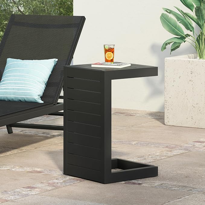 24" H Aluminium Black Patio Side Table, Small C-Shaped Outdoor Sofa Table,Coffee Table for Patio, Garden,Balcon,Black
