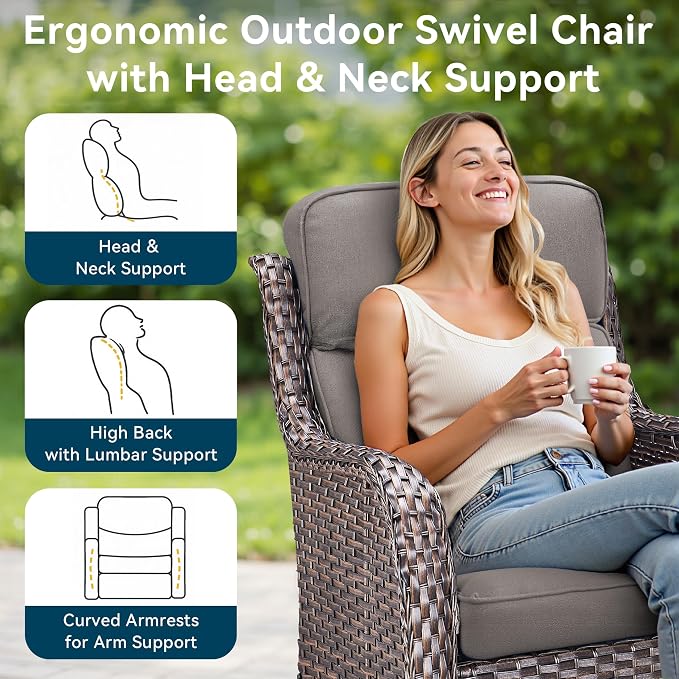 Luxury High Back Outdoor Furniture with 6-Inch Thick Cushions, Patio Furniture Set with Swivel Chairs, 5 PCS Wicker Conversation Set for Porch, Balcony, Deck and Yard
