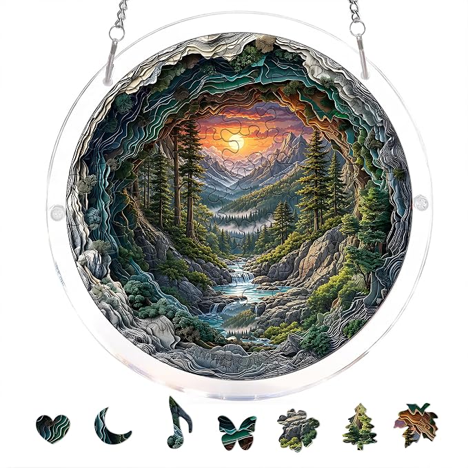 Acrylic Puzzle Suncatcher, 3D Mountain Tree Scenery Sun Catcher Jigsaw Puzzle Window Hanging, Acrylic Puzzles Kit Home Garden Decor, for Mom, Wife, Sisters, 7.87 inch