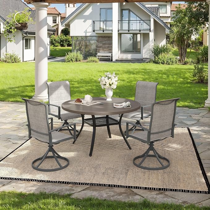VICLLAX 5 Pieces Outdoor Dining Set, Patio Furniture Set Includes 40.6" Round Metal Table W/ 1.9" Umbrella Hole and 4 Padded Textilene Swivel Chairs for Porch, Lawn, Garden, Backyard