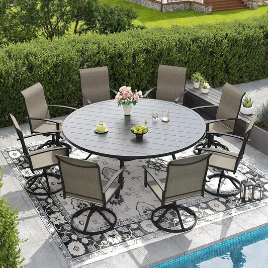 DIFY 9 Pieces Outdoor Dining Set for 8, 63" Black Round Metal Table with Umbrella Hole and Brown Textilene Swivel Patio Chairs, Patio Table and Chairs Set for Garden, Backyard, Poolside