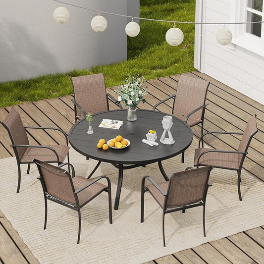 VICLLAX Round Outdoor Dining Set, Patio Table and Chairs Set Set of 6 Patio Stackable Chairs and 47" Outdoor Round Table with Umbrella Hole for Backyard Lawn Garden, Brown Chairs and Black Table