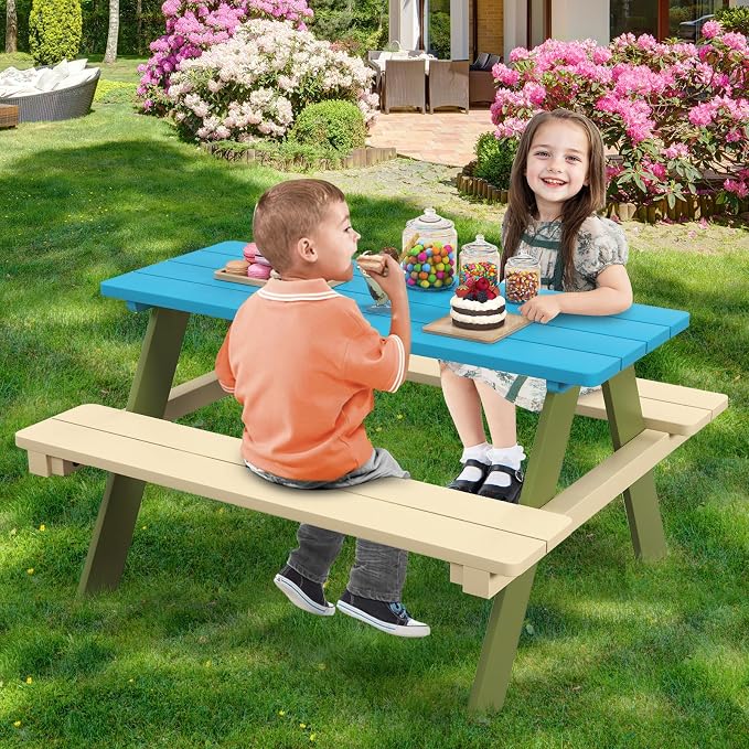Costzon Kids Picnic Table, Acacia Wood Kids Outdoor Table with Benches, Toddler Patio Furniture Set for Backyard, Garden, Lawn, Gift for Boys Girls 3+ (Green)