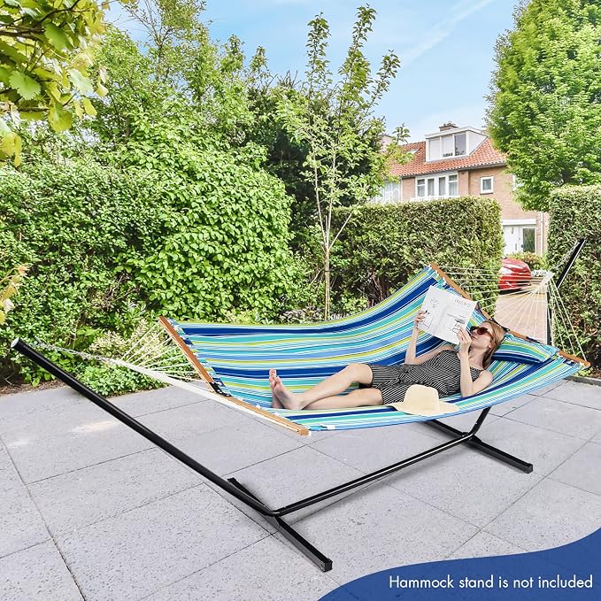 Goplus 10.5 FT Hammock, Quilted 2 Person Hammock w/Detachable Pillow, 330LBS Capacity, Curved Hardwood Spreader Bar,Quick Dry Fabric, Portable Paddled Hammock Swing for Patio Yard Porch Indoor Outdoor