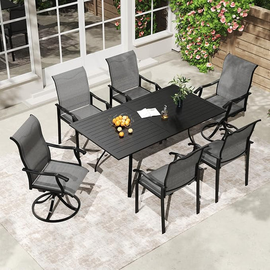 LVUYOYO 7-Piece Outdoor Patio Dining Set, Textilene Swivel Dining Chairs & Rectangular Table Set, All-Weather Table and Chairs Set with Umbrella Hole for Backyard, Garden,Balcony,Porch (Gray)