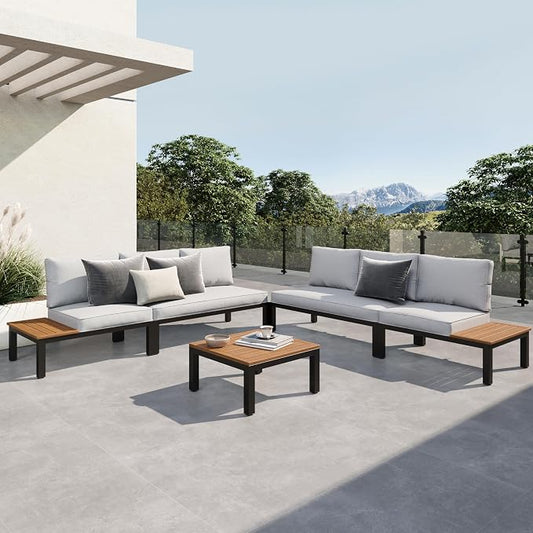 Sophia & William 5 Pieces Outdoor Patio Furniture Set, Metal Sectional Sofa Set Patio Conversation Set with Cushions-2 x Single Sofa with Side Table, 2 x Loveseat, 1 x Tea Table