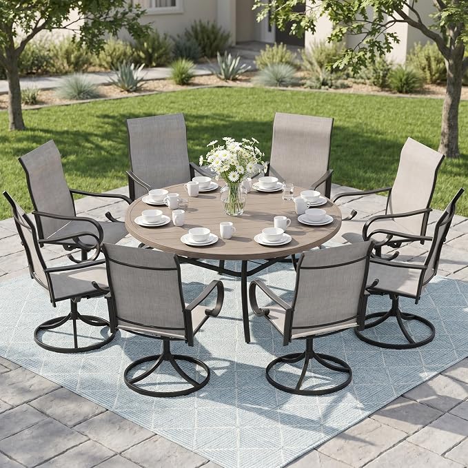 9 Pieces Patio Dining Set, 8 Outdoor Swivel Dining Chairs with 60" Round Metal Outdoor Dining Table with Umbrella Hole for Garden Backyard Deck, Grey