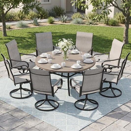 9 Pieces Patio Dining Set, 8 Outdoor Swivel Dining Chairs with 60" Round Metal Outdoor Dining Table with Umbrella Hole for Garden Backyard Deck, Grey