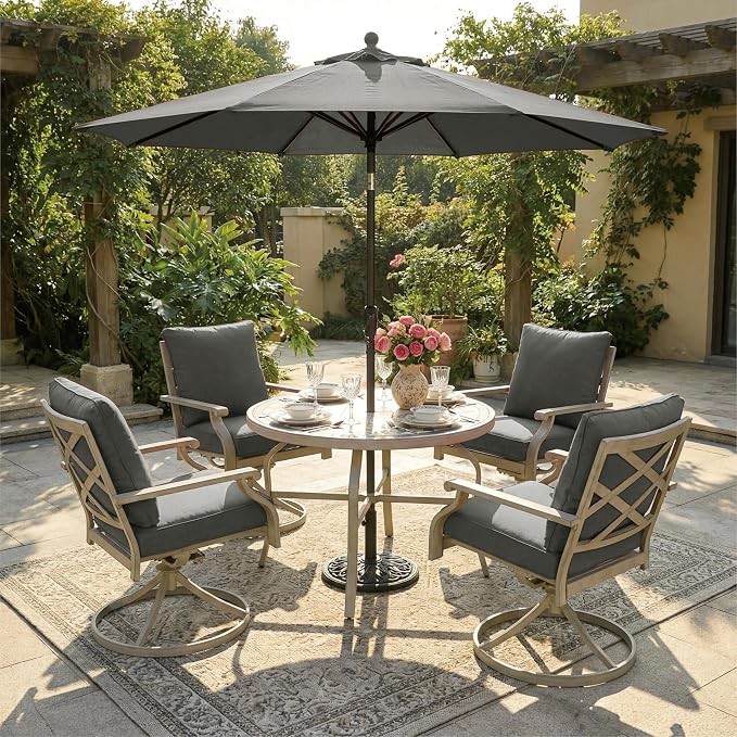 5-Piece Patio Dining Set, 4 Swivel Chairs with Removable Thickened Cushions & a 3D Textured Table with Umbrella Hole, All-Weather Furniture for Backyard, Garden, Lawn, Grey