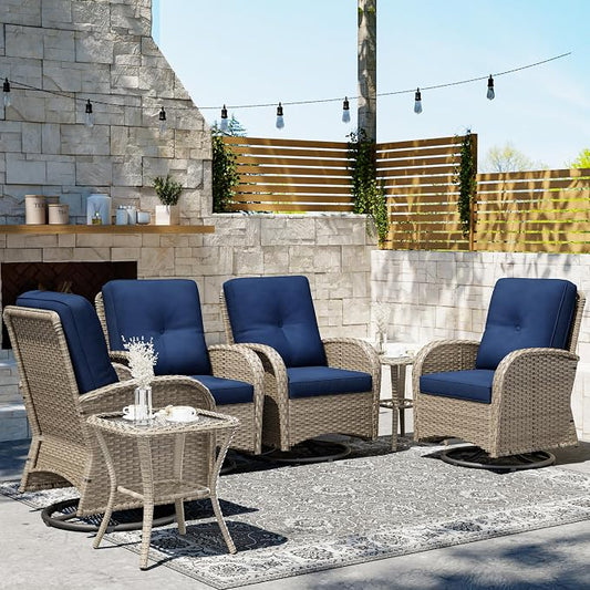 Joyside Wicker Patio Furniture Set, 6 Piece Outdoor Furniture Set with Thickened Cushions, High Back, Deep Seating, Wide Armrest, Outdoor Swivel Rocker Chairs for Porch, Deck