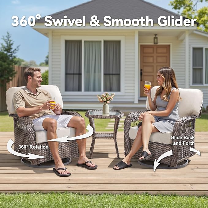 8 PCS Patio Furniture Set Outdoor Sectional Sofa Couch with Rocking Swivel Chairs 5" Deep Seat Chairs, Modern Wicker Rattan Conversation Set, Beige/Brown Wicker