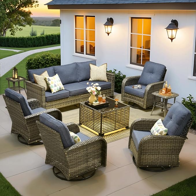 ovios 8 Pieces Patio Furniture Set, Outdoor Wicker Sofa Couch with Swivel Glider Chairs Solar Lights Table, Modern Deep Seat Rattan Conversation Sets for Deck Porch, Denim Blue