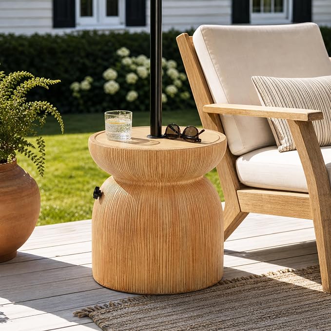 Merax MGO Outdoor Patio Side Table Umbrella Base, 16" Height Boho Outdoor End Table with Adjustable Umbrella Holder & Sand-Filling Design for Garden Poolside Deck, Sand Beige Finish
