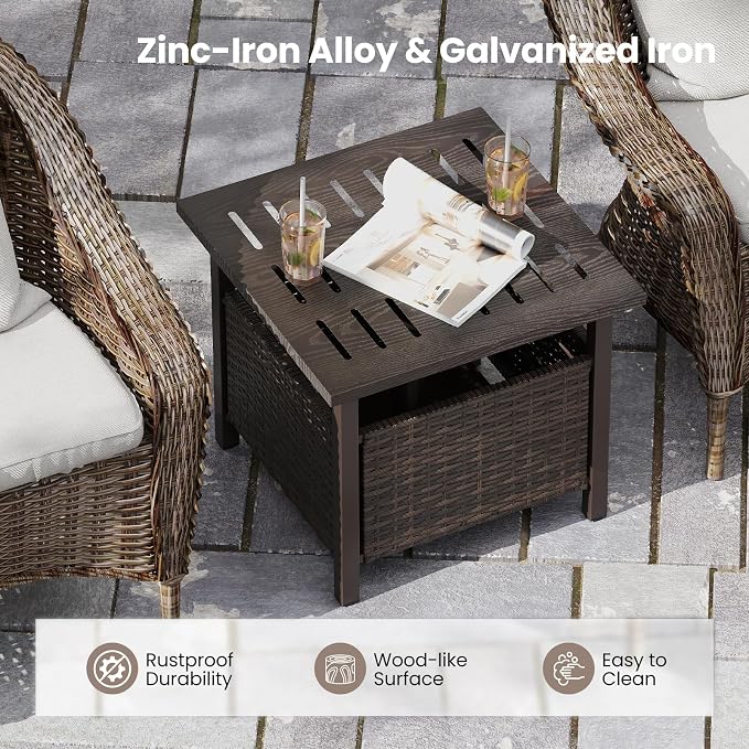 Tangkula Outdoor Side Table with 1.93" Umbrella Hole, All-Weather PE Wicker Patio Umbrella Table with Rustproof Frame for Garden, Deck and Poolside