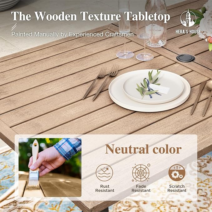 HERA'S HOUSE 7pc Patio Dining Set, Outdoor Wood-Like Metal Table & 6 Chairs | Red textilene chairs + 60" rectangle table with umbrella hole. Waterproof, rust-resistant, all-weather for deck, garden