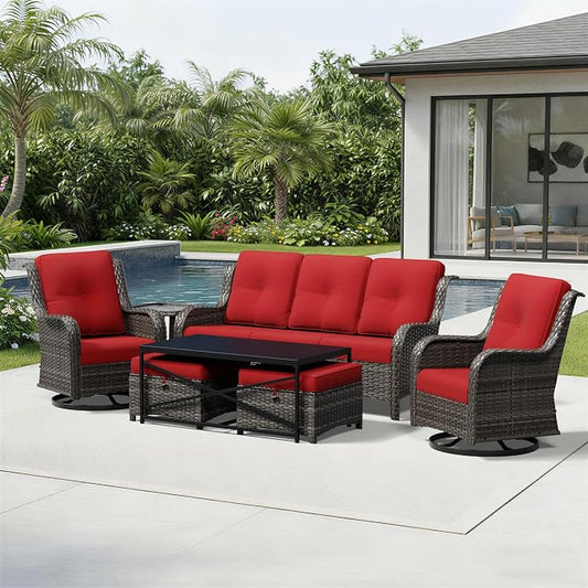 Joyside 7 Piece Wicker Patio Furniture Set, Outdoor Swivel Rocker Patio Chairs with High Back, Deep Seating, Wide Armrest, Thickened Cushions, Outdoor Furniture for Deck, Porch Use
