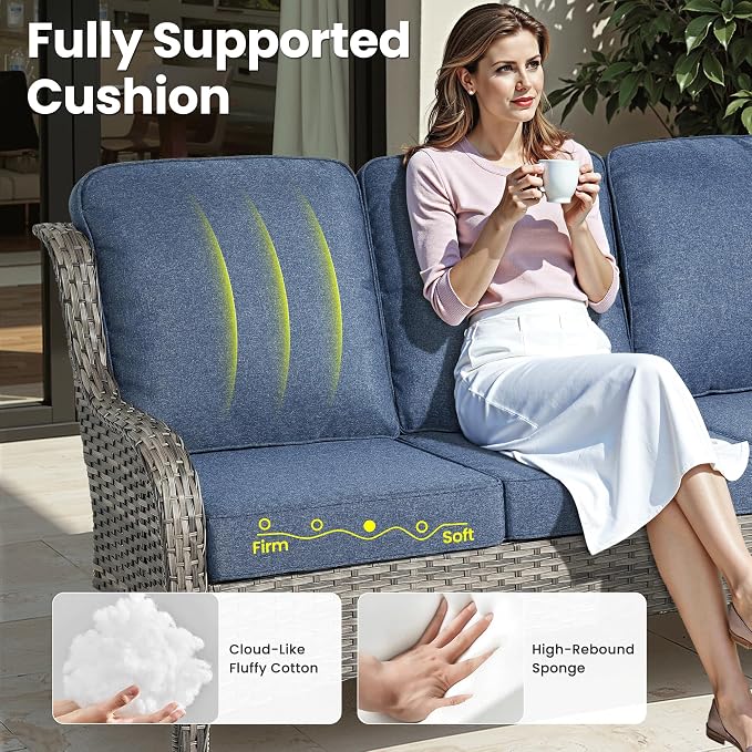 ovios 6-Piece Patio Furniture Set with Swivel Chairs Side Table, Outdoor Wicker Sofa with Comfy Cushions, High Back Couch Modern Conversation Sets, Grey/Denim Blue