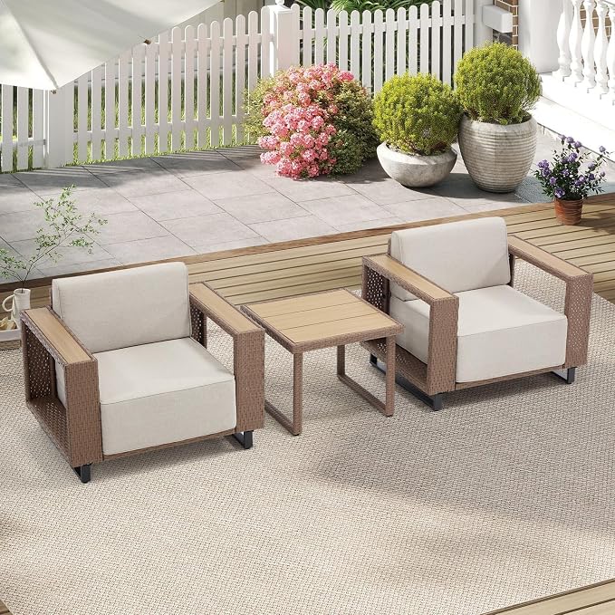 Bonzy Home Wicker Patio Chairs Set of 2 with Rattan Side Table, Rattan Outdoor Accent Chairs with Extra-Thick Soft Cushions, Patio Conversation Sets for Porch, Garden Poolside Balcony