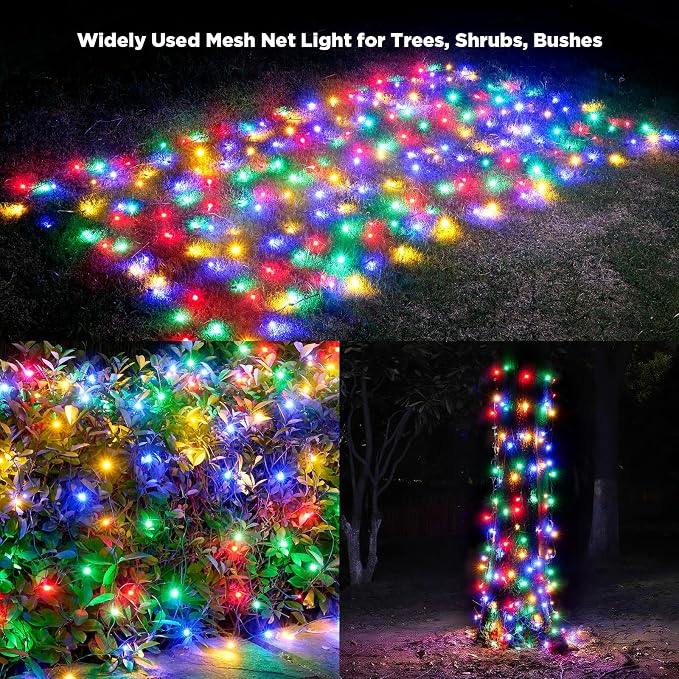 Led Net Lights Christmas Lights Outdoor 200Leds 9ftx6ft Upgraded Multicolor Christmas Net Lighting, Waterproof 5mm LED Wide Angle Outdoor Indoor Mesh Net Light for Trees, Bushes, Shrubs Decorations