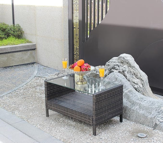34.6" Patio Side Table, Large Rectangle Outdoor Coffee Table with Tempered Glass Top, Heavy Duty PE Rattan Wicker End Table, Patio Sofa Table for Backyard Deck Patio