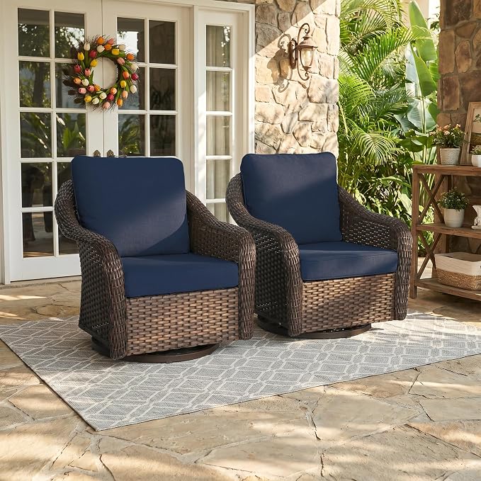 Outdoor Wicker Swivel Chair Set of 2, All-Weather Use Patio Rattan Chair with Seat and Back Cushion, Ideal for Porch, Backyard, Balcony, Poolside, Blue