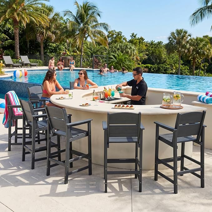 HDPE Outdoor Bar Height Chairs Set of 6, 28.5" Seat All-Weather High Top Patio Stools with Backrest, Heavy Duty Patio Bar Stools with Arms, High Top Outdoor Chairs for Deck/Party/Pool, Grey