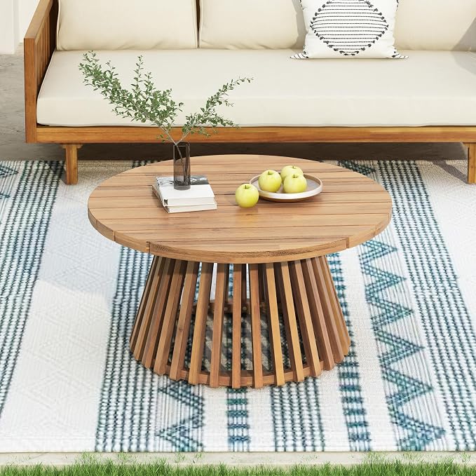 Wood Outdoor Round Coffee Table, Weather-Resistant Patio Table with Striped Base, for Garden, Deck, and Backyard, Light Brown