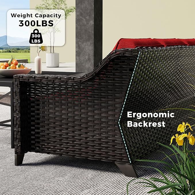 5 Pieces Patio Conversation Furniture Set - 1 Sofa, 4 Armchairs, Outdoor Wicker Furniture with Removable Cushions for Porch, Balcony, Sunroom (Red)