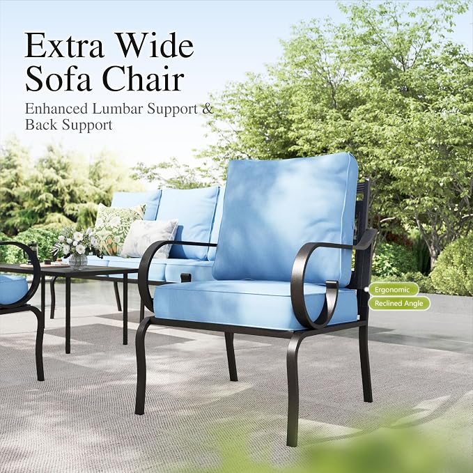 Sophia & William Patio Conversation Set for 7, a Loveseat, 3-Seater Sofa, 2 Fixed Chairs and a Coffee Table, Metal Outdoor Furniture with 5.75" Extra Thick Cushions, Blue