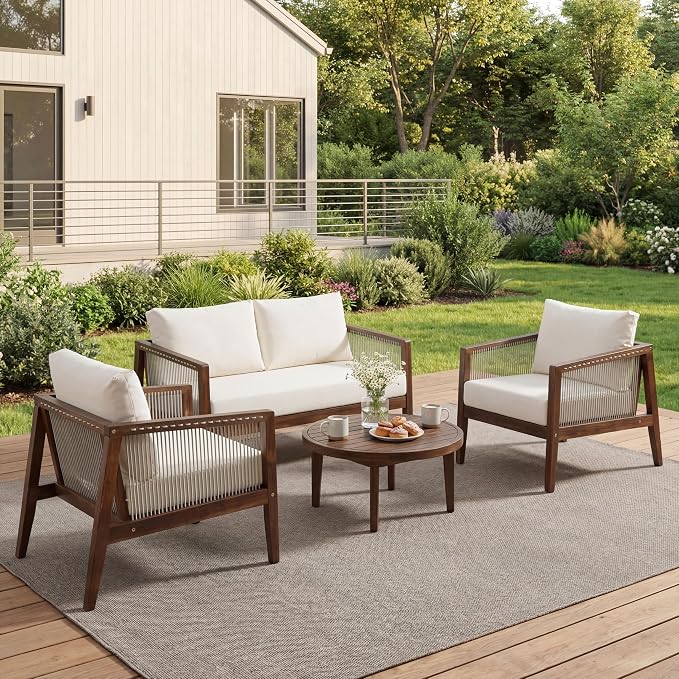 Christopher Knight Home Lalulu 4-Seater Patio Furniture Set with Cushion, 4 Piece Outdoor Acacia Wood Conversation Set, Sold Wood Outdoor Sectional Sofa Set with Coffee Table, Dark Brown+Beige