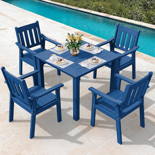 YEFU HIPS Patio Table Set: 5 Piece Outdoor Square Table and Chairs with Metal Aluminum Frame - Blue Modern Plastic Patio Dining Furniture Set 4 Person for Outside Deck