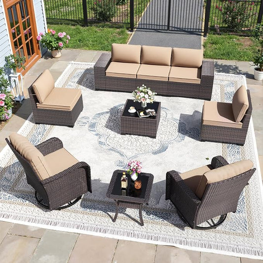 9 PCS Outdoor Patio Furniture Set,Outdoor Sectional Furniture All Weather PE Rattan Wicker Patio Conversation Set,Swivel Rocking Chairs Set,Sand