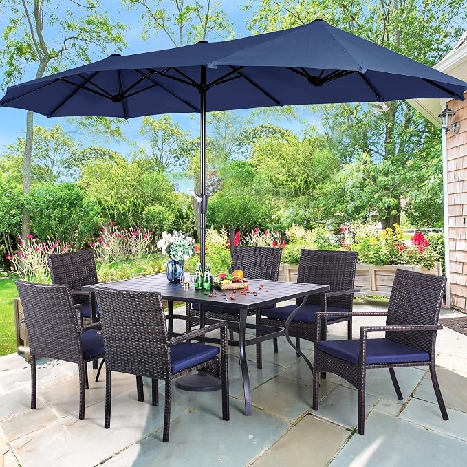 PHI VILLA 7-Piece Patio Set with 13ft Blue Umbrella, 6 Rattan Chairs | 60" rectangular metal table, 6 cushioned rattan wicker chairs, and 13ft blue umbrella. Ideal for patio, deck, yard, or porch